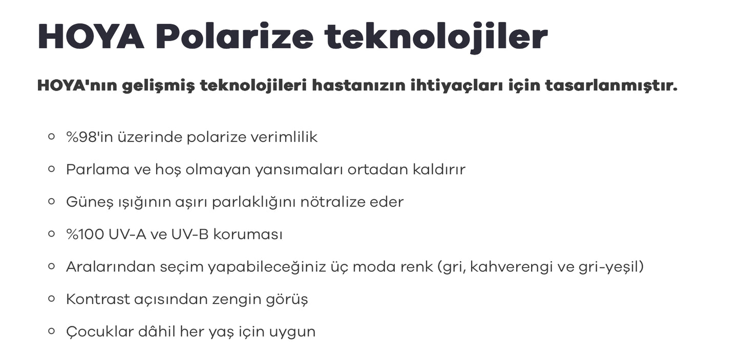 Hoya Polarize Tek Odaklı Özel Üretim Camlar