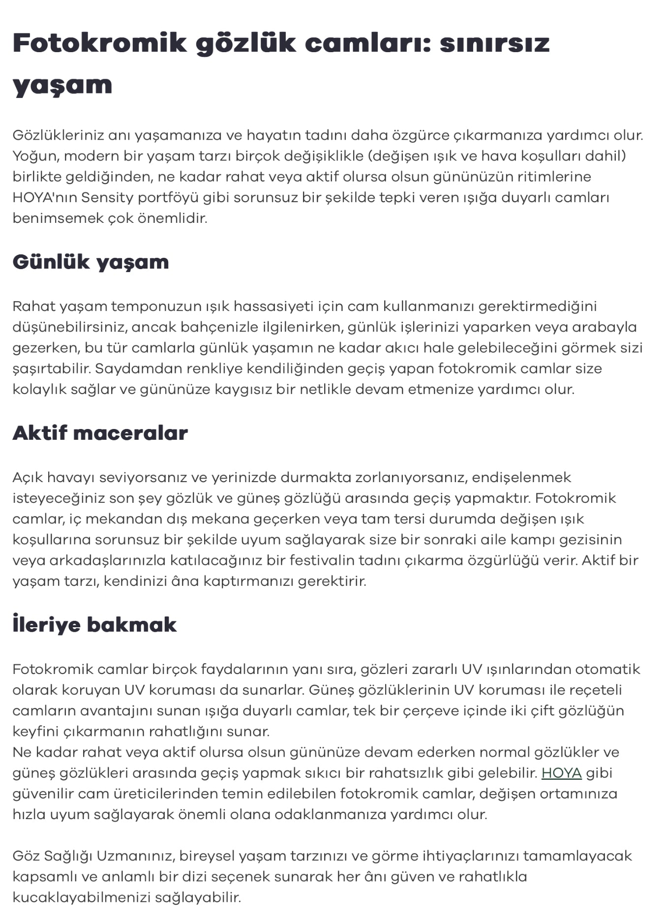 Hoya Sensity & Sensity 2 Tek Odaklı Fotokromik Özel Üretim Camlar